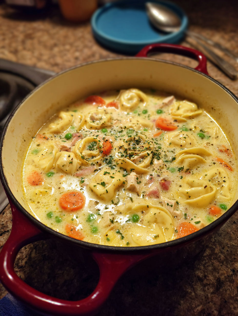 A pot of creamy chicken tortellini soup.