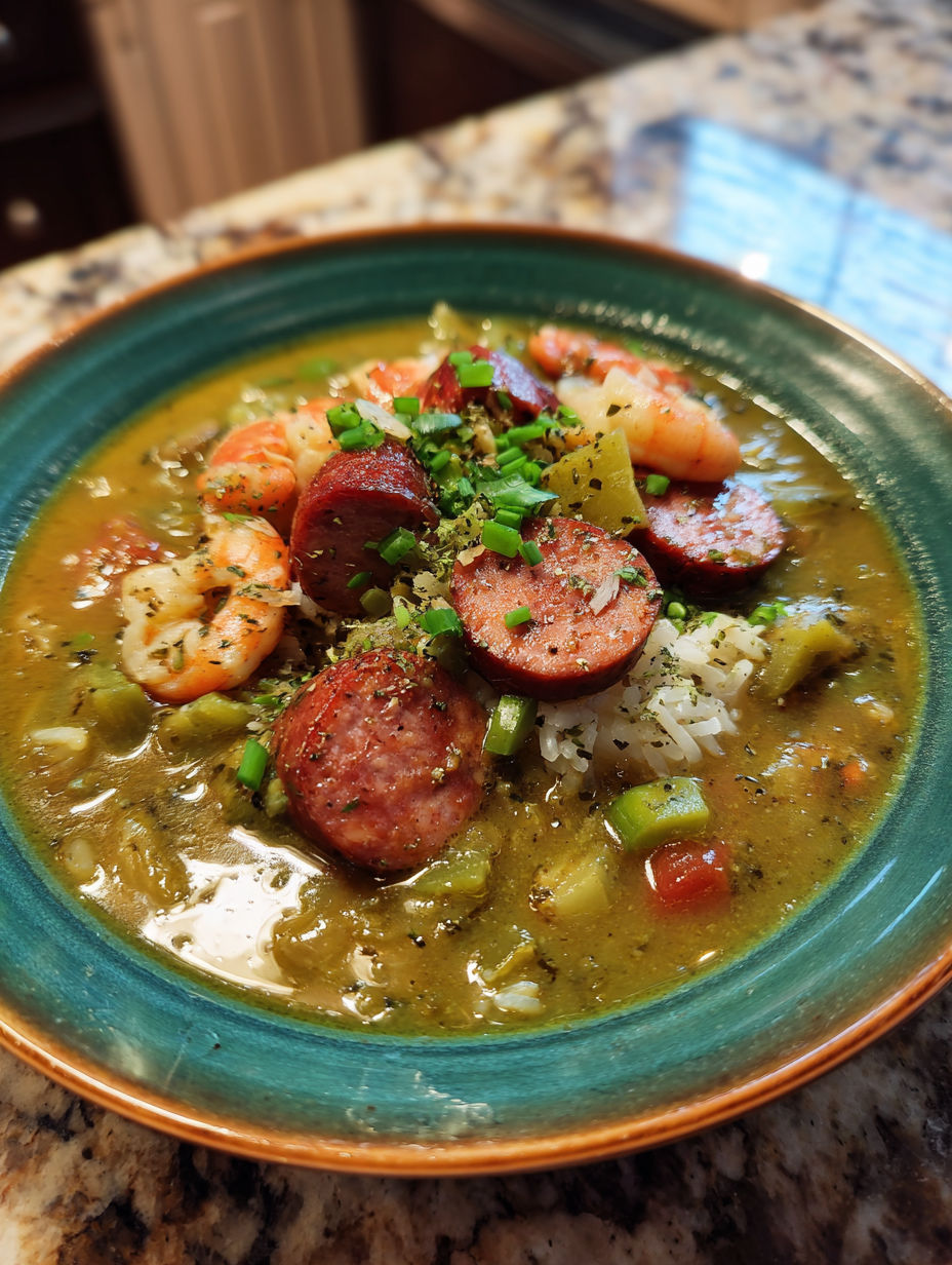 A plate of green gumbo with smoked sausage.