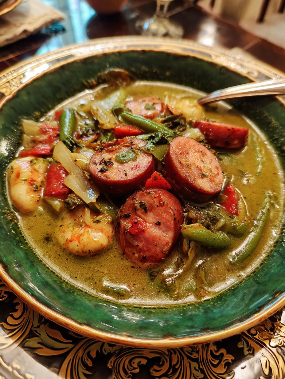 A plate of green gumbo with smoked sausage.