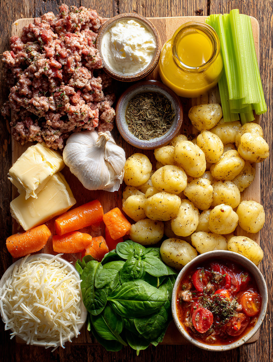 A variety of ingredients for a sausage gnocchi soup recipe.