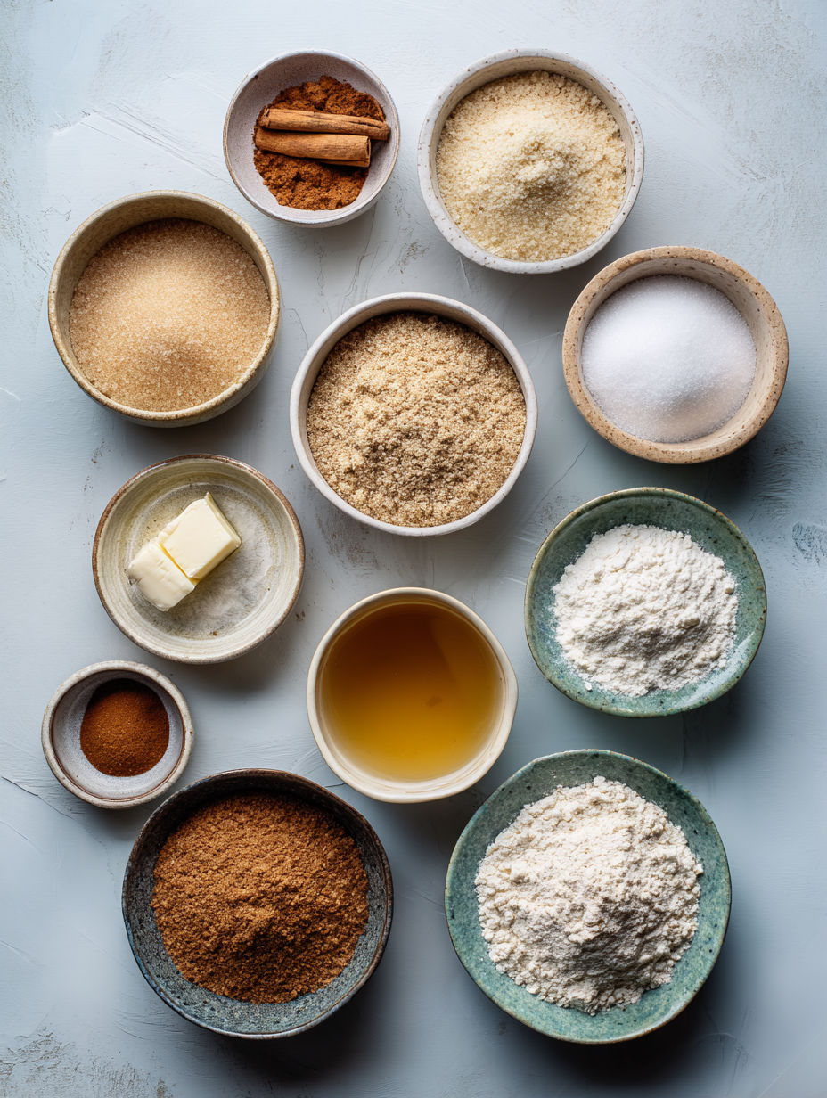 A variety of ingredients for a vegan cinnamon swirl muffin recipe.