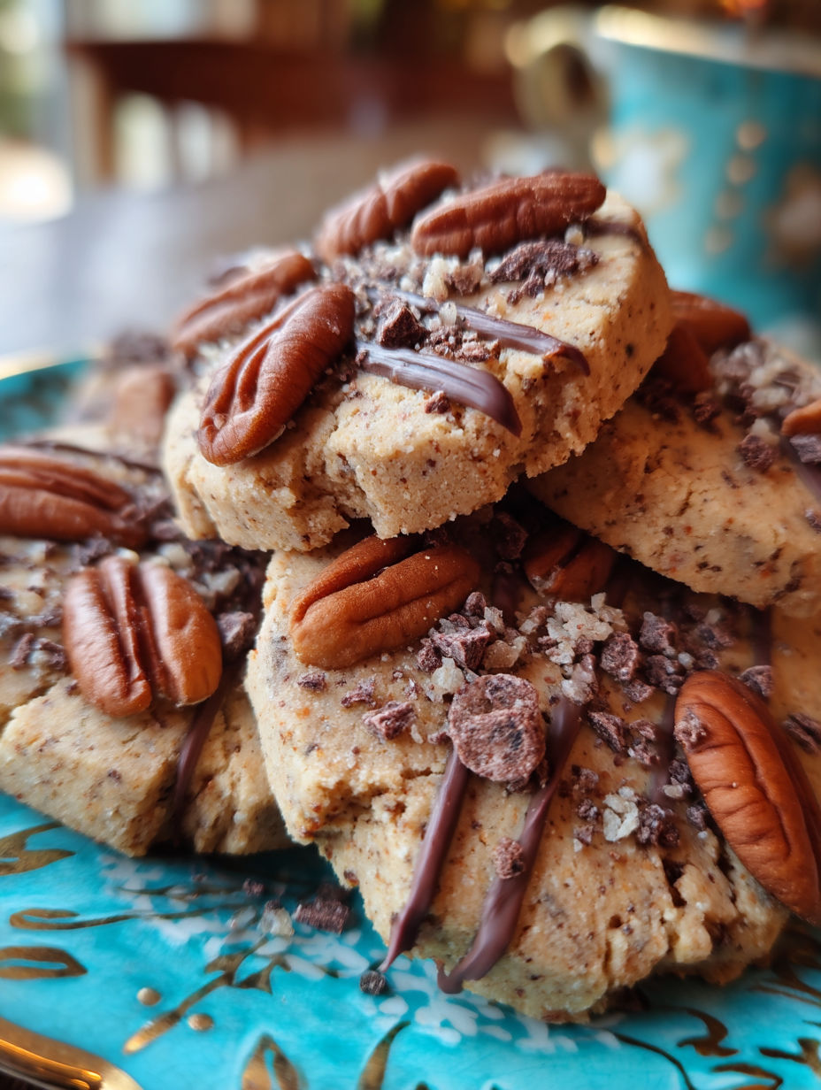 A stack of vegan chocolate pecan shortbread cookies.