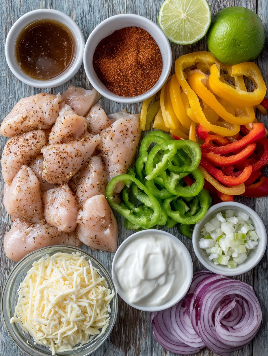 A variety of ingredients for a crockpot chicken fajita recipe.