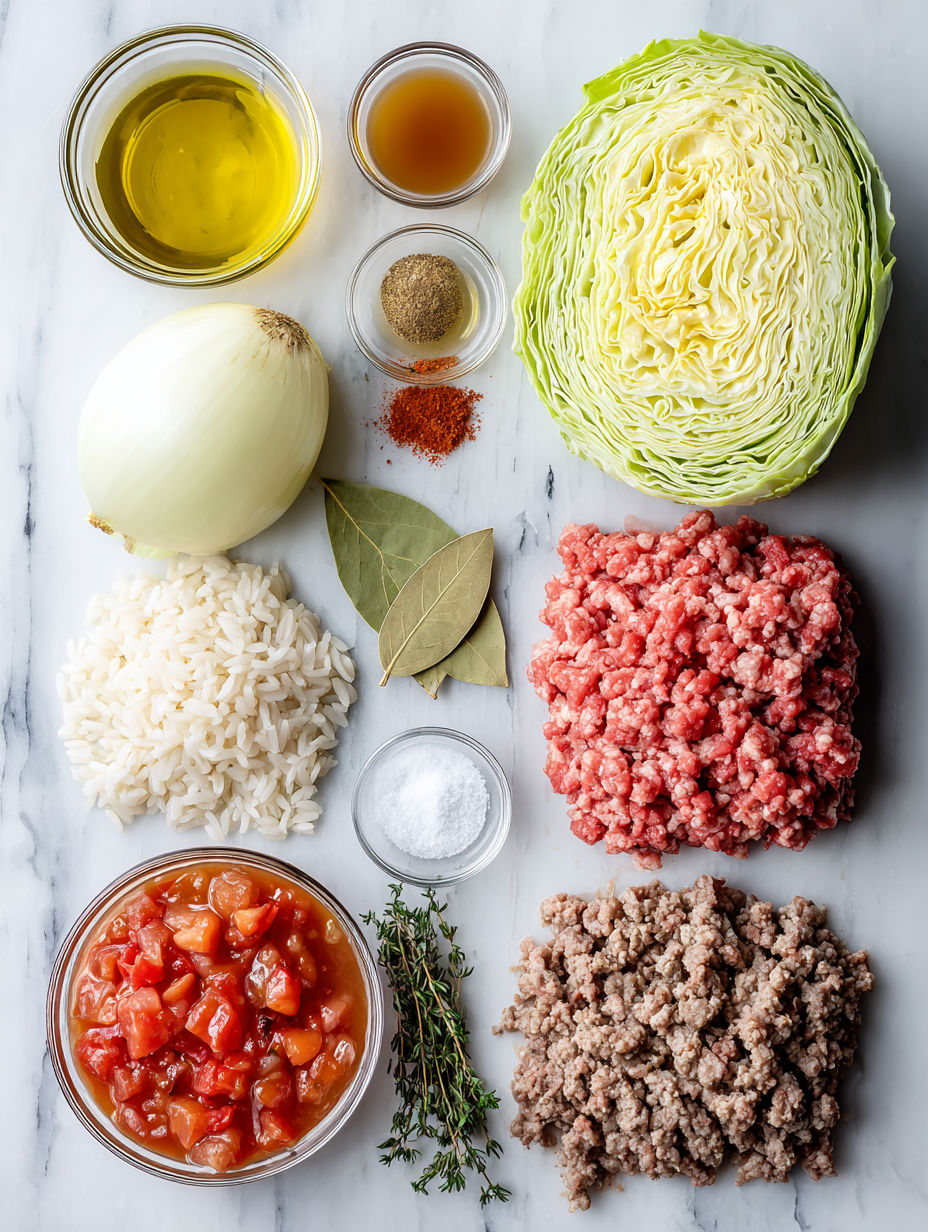 A table with various ingredients for a stuffed cabbage soup recipe.
