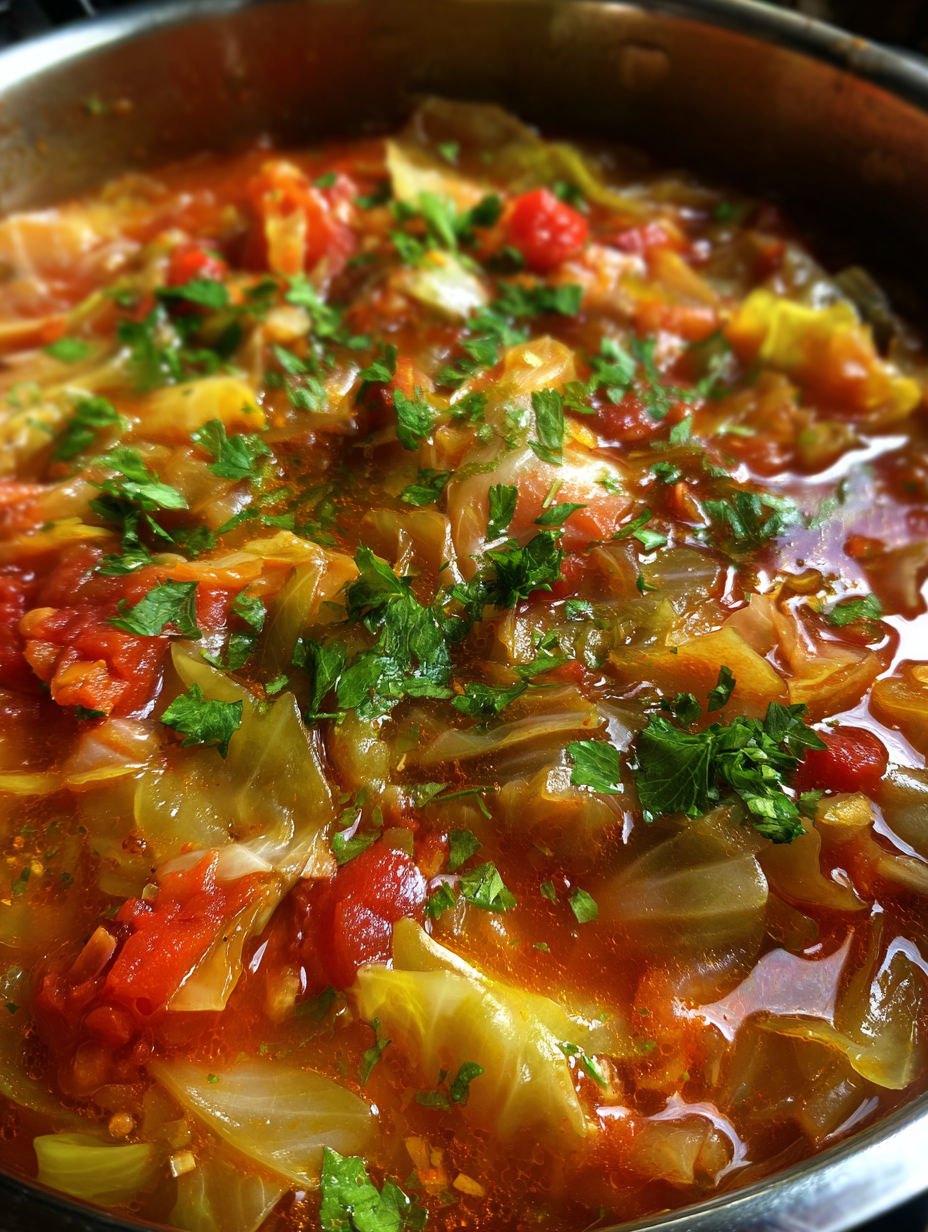 A close up of a cabbage soup with herbs and tomatoes.