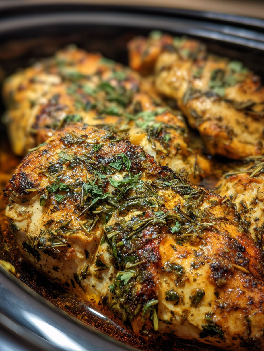 Chicken breasts with herbs in a slow cooker.