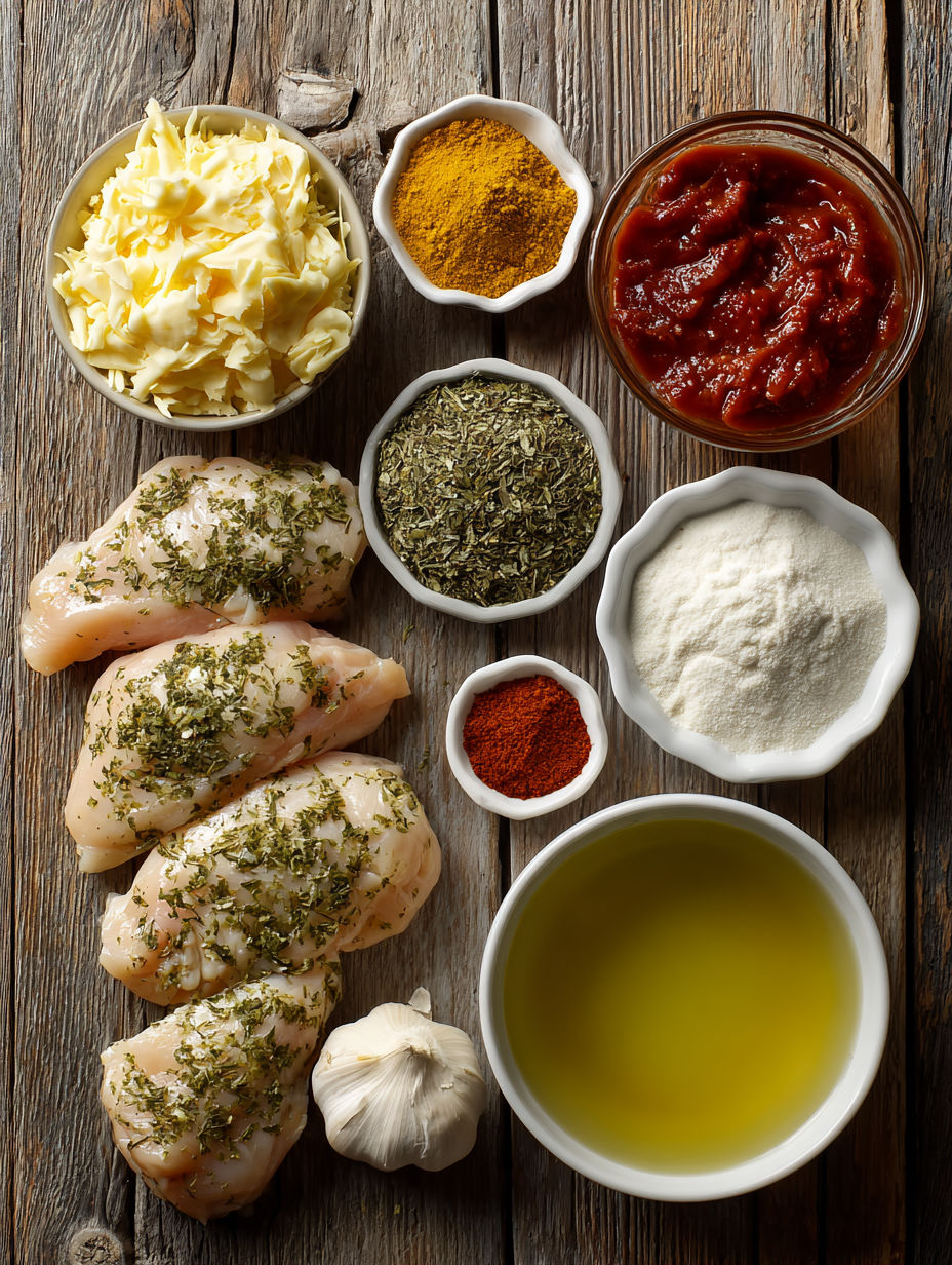 A variety of herbs and spices are used to season chicken breasts.