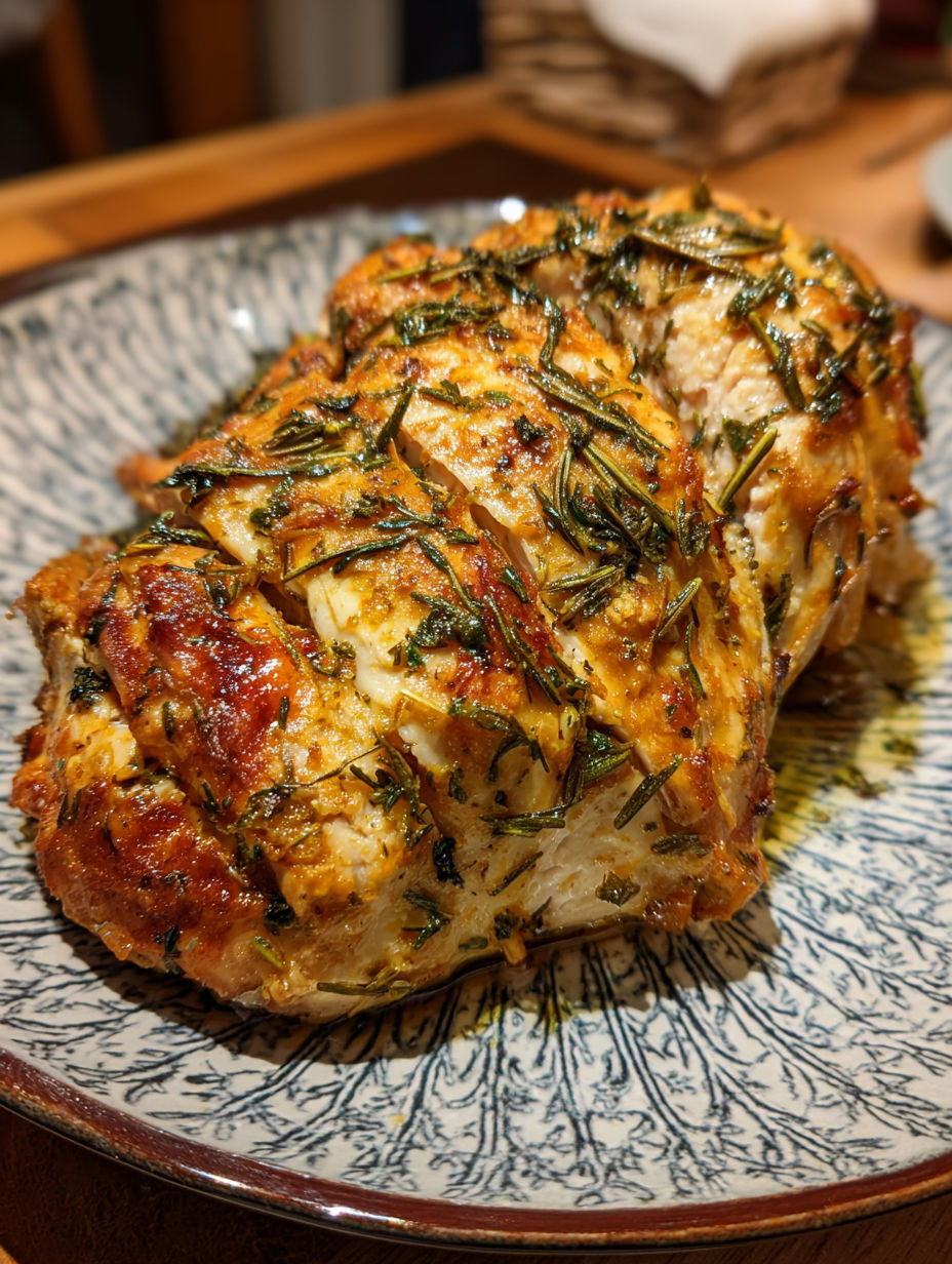 A plate of chicken with herbs on it.