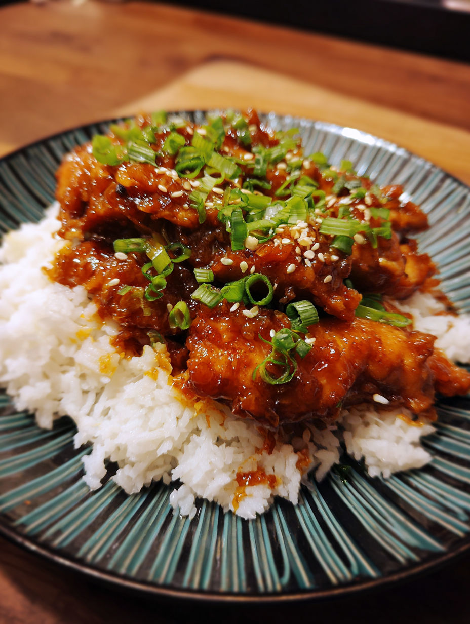 A plate of food with rice and chicken.