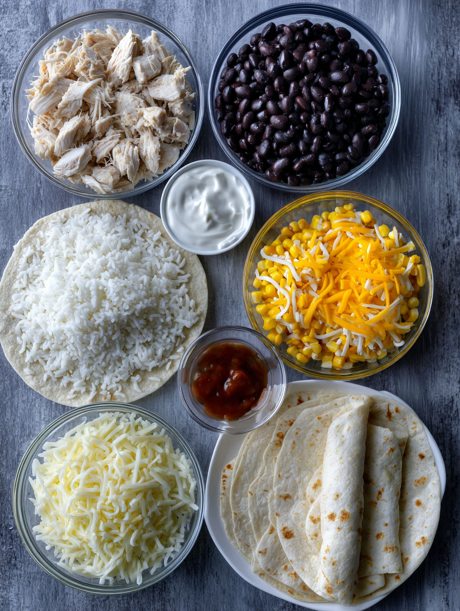 A variety of foods including rice, beans, cheese, and chicken.