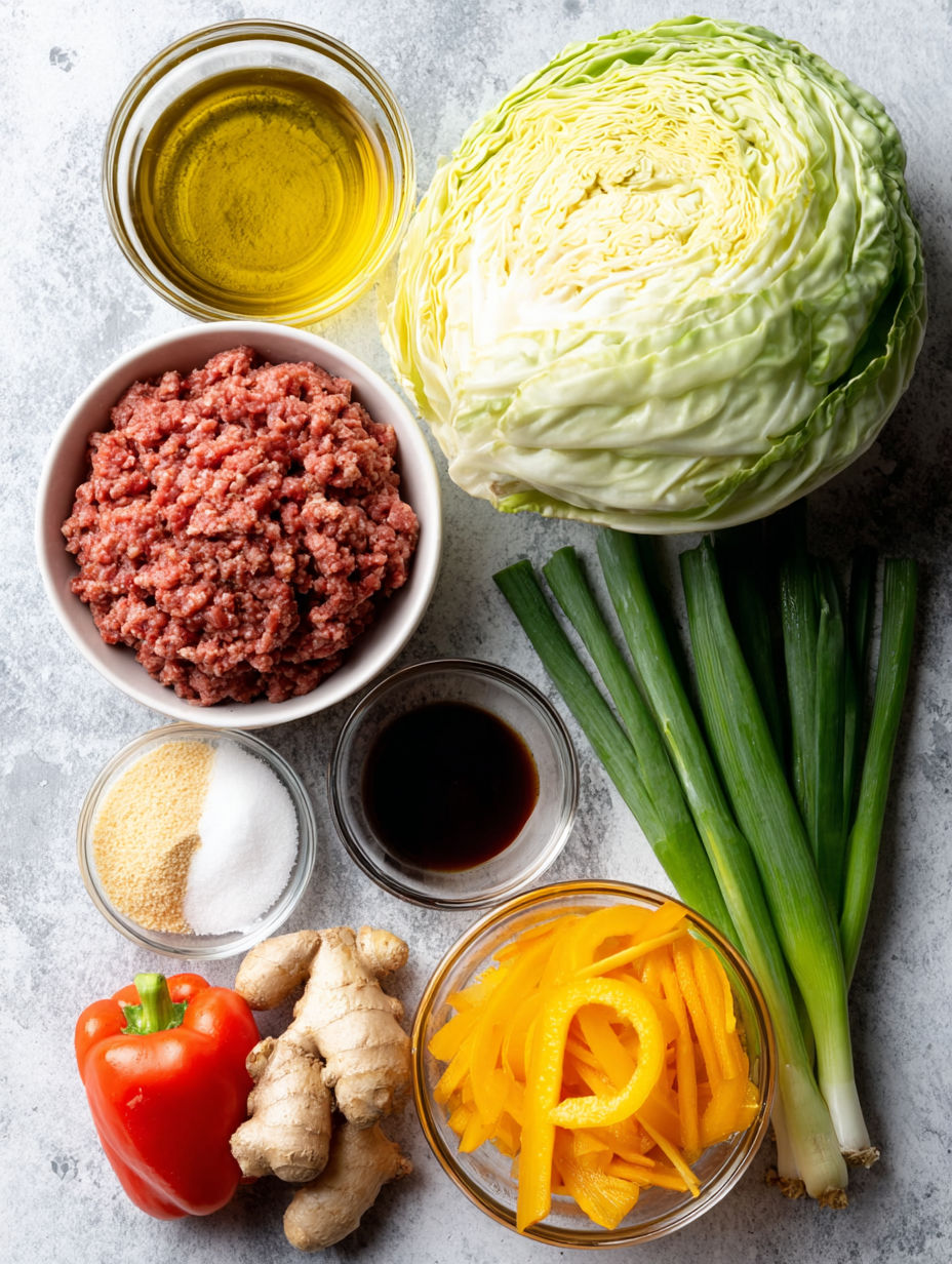 A bowl of ground beef sits next to a bowl of cabbage.