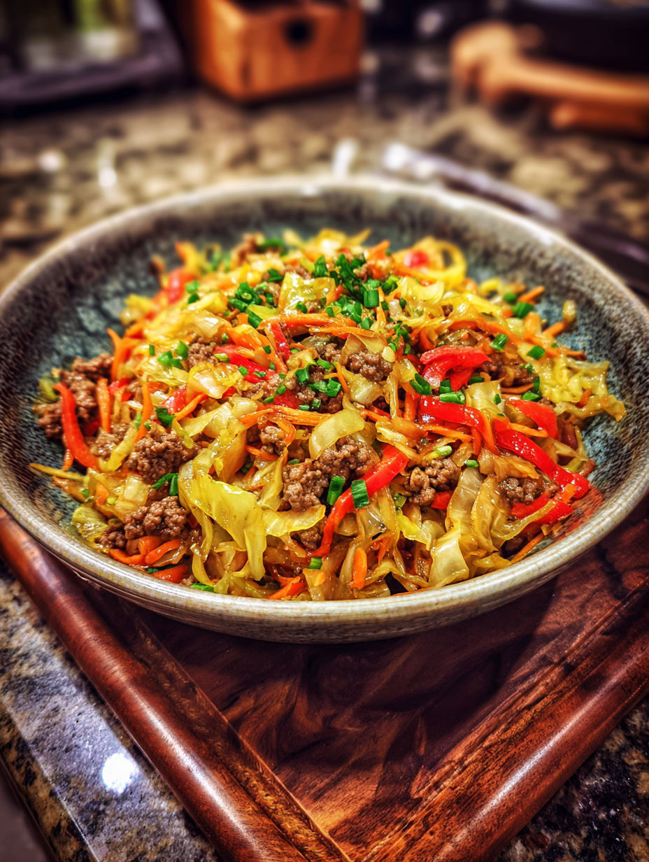 A bowl of stir fry with ground beef and cabbage.