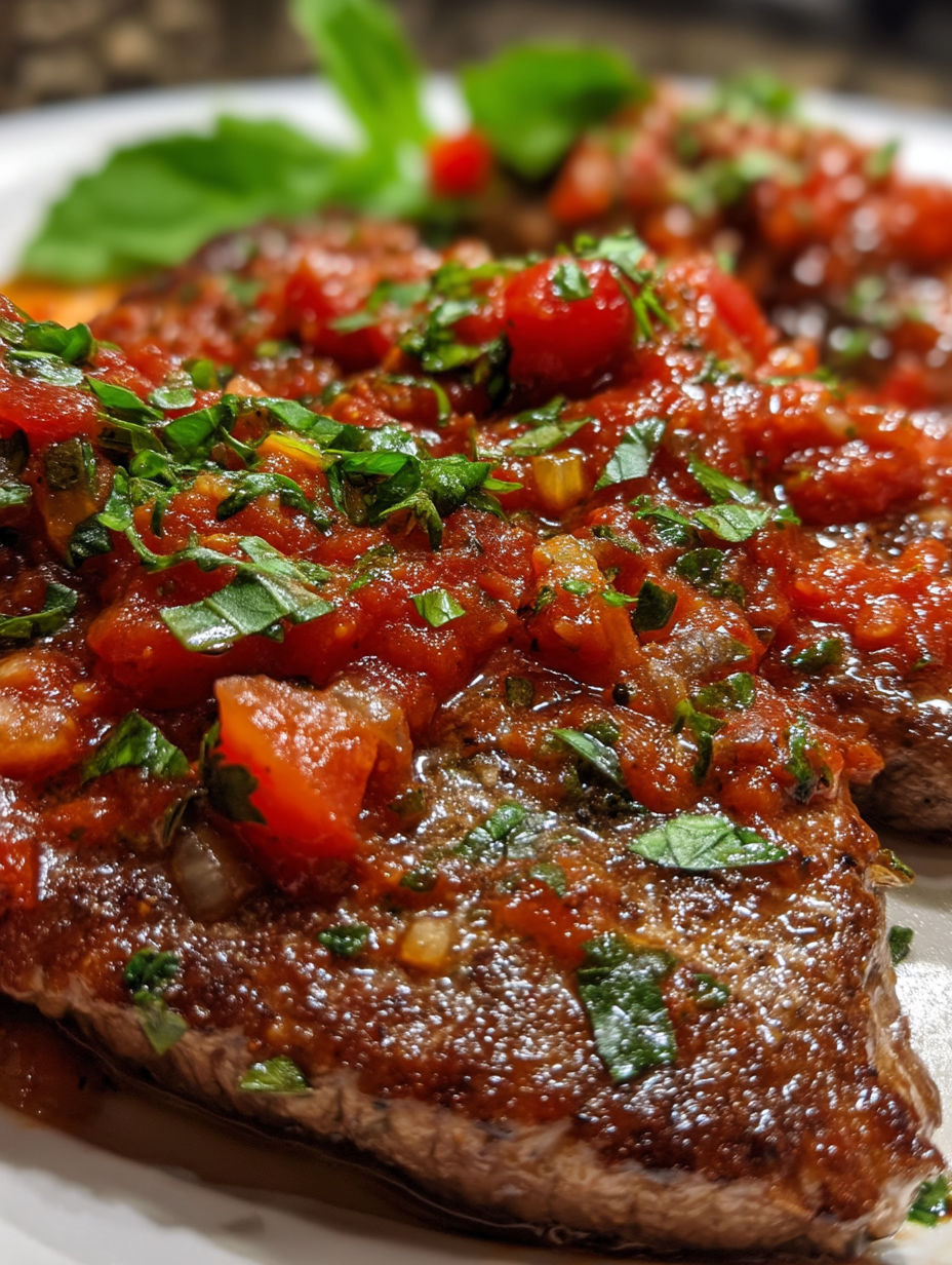 A close up of a steak pizzaiola with tomato sauce.