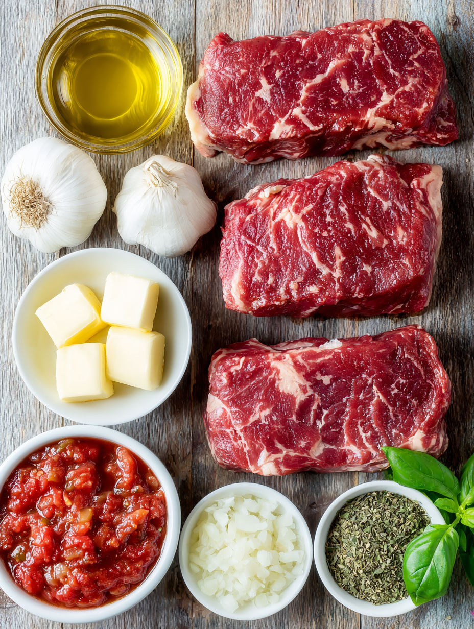 A close up of a pizzaiola steak with tomato sauce.