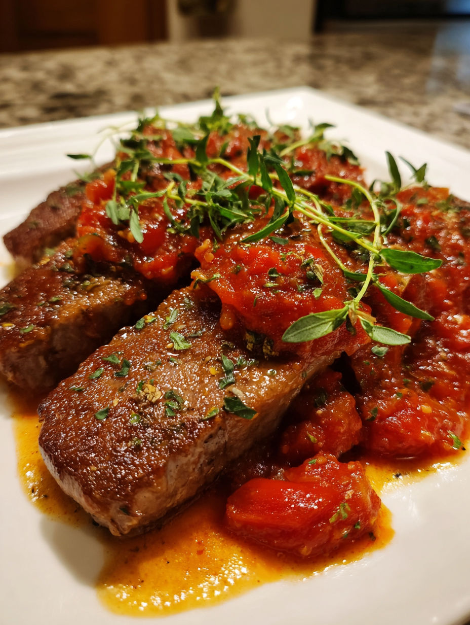 A plate of steak pizzaiola with tomato sauce.