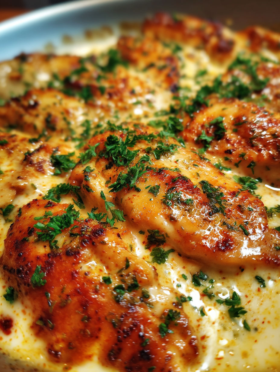 A close up of a skillet with chicken and cream cheese.