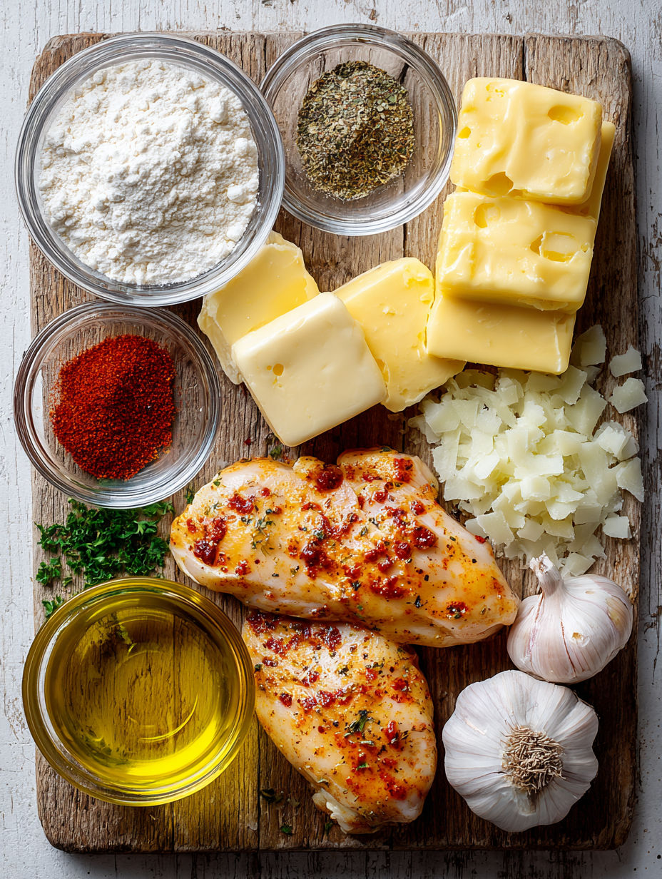 A wooden cutting board with various ingredients for cooking.