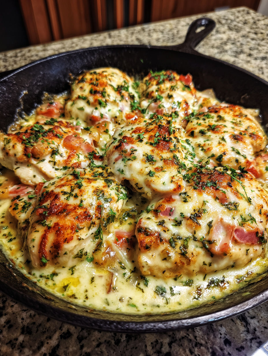 A pan of chicken with cheese and herbs.
