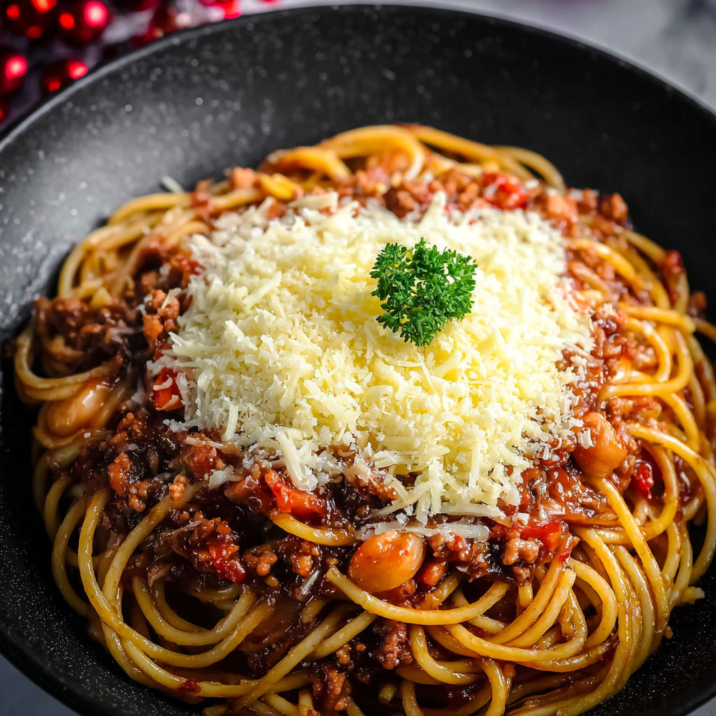A bowl of spaghetti with meat sauce and cheese.
