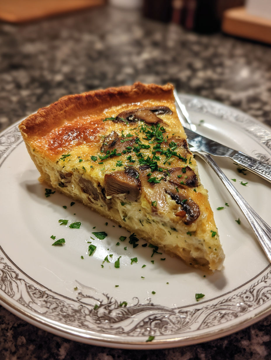 A slice of mushroom and cheese pie on a plate.