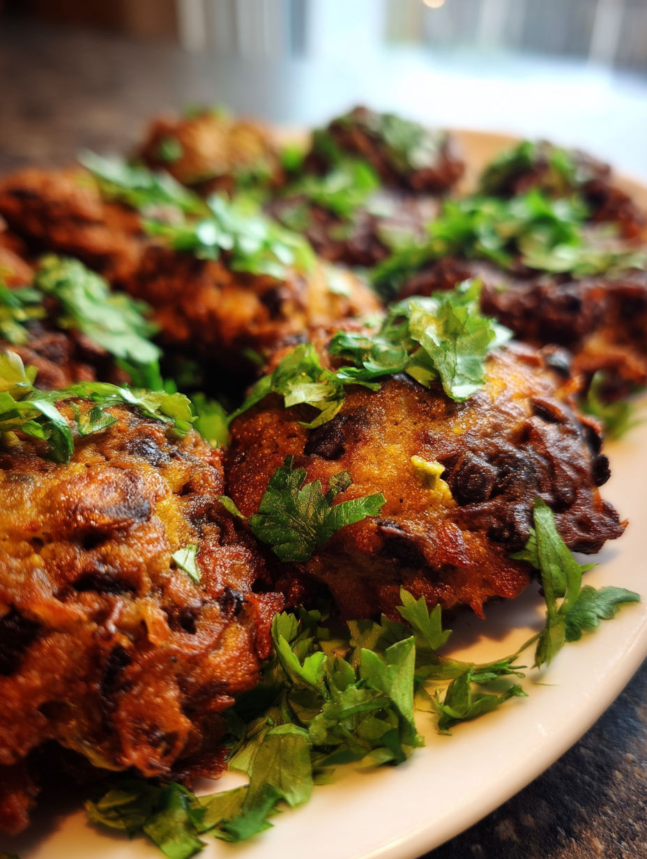 A plate of spicy black bean mushroom fritters.