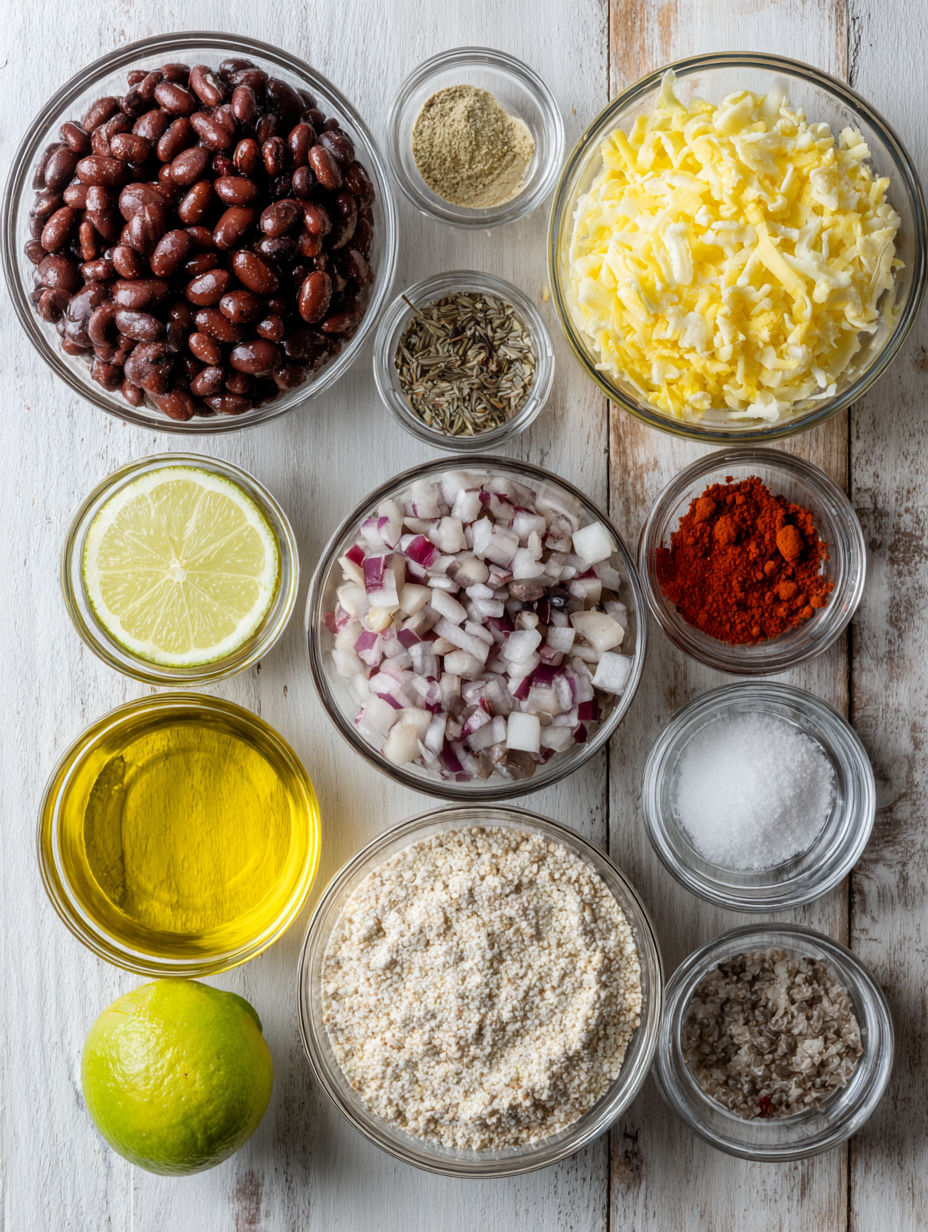 A variety of ingredients for a spicy black bean mushroom fritter recipe.