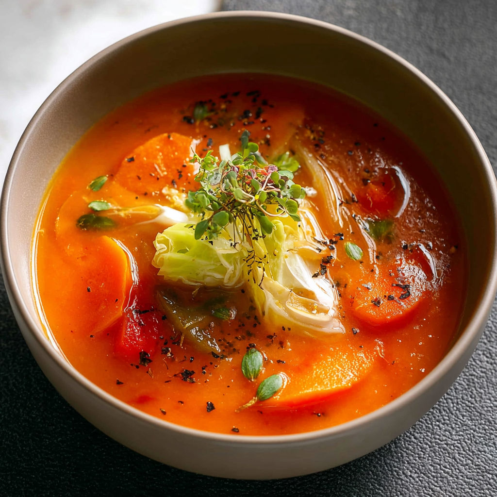 A bowl of soup with vegetables and herbs.