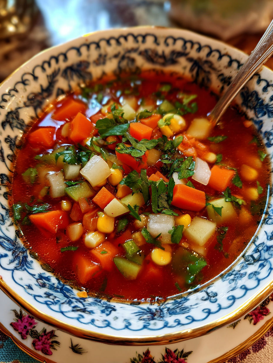 A bowl of soup with vegetables.