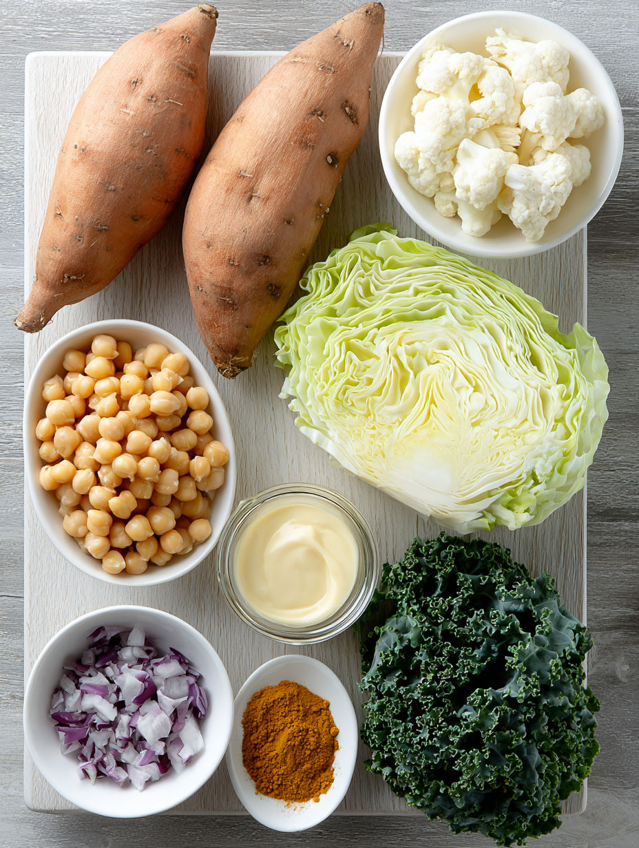 A variety of vegetables and ingredients for a curried sweet potato and chickpea sheet pan dinner.