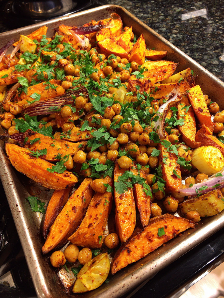 A pan of curried sweet potatoes and chickpeas.