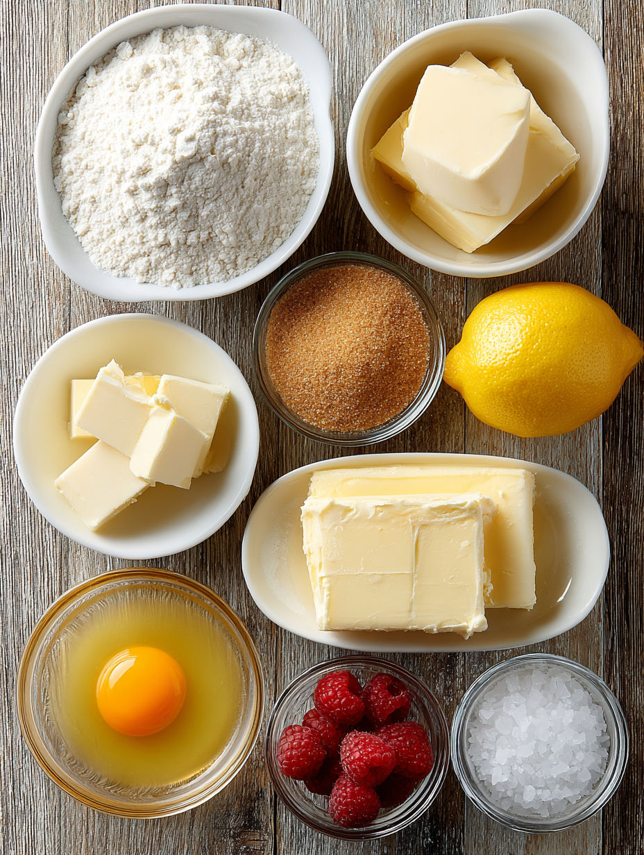 A variety of foods are displayed on a table, including butter, lemon, and raspberries.