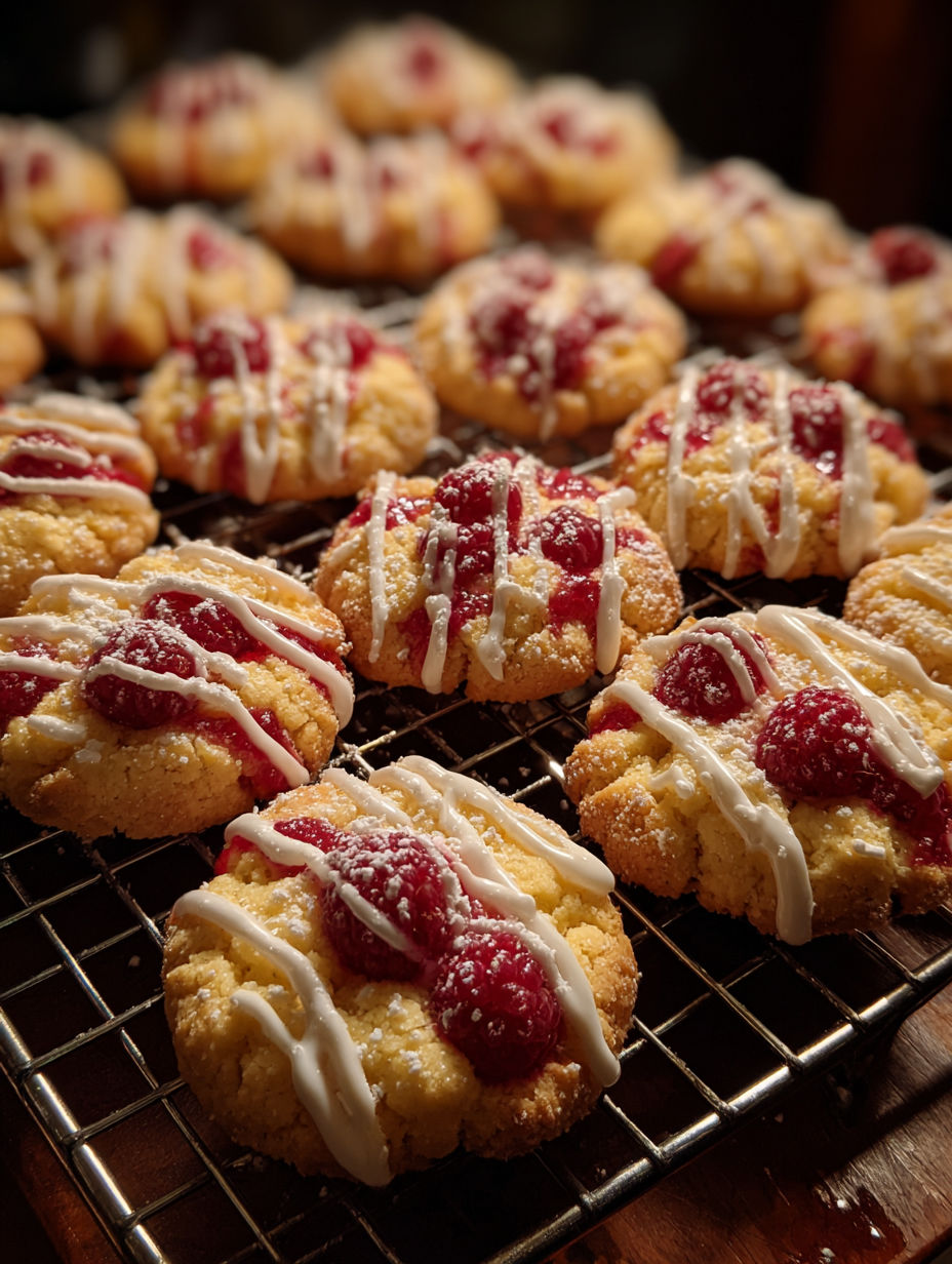 A tray of cookies with white icing and red raspberries.
