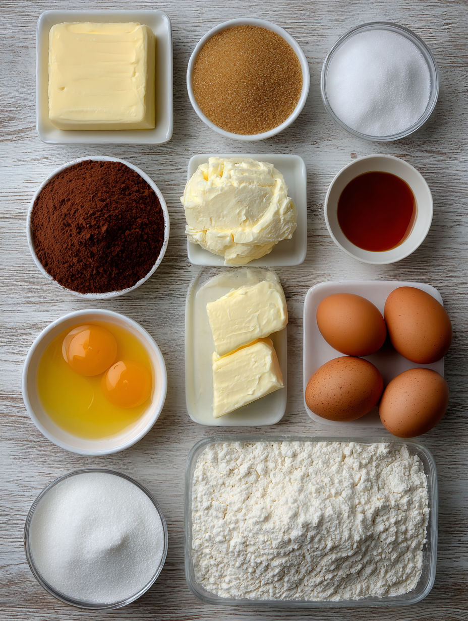 A variety of ingredients for a red velvet sugar-coated cookie recipe.