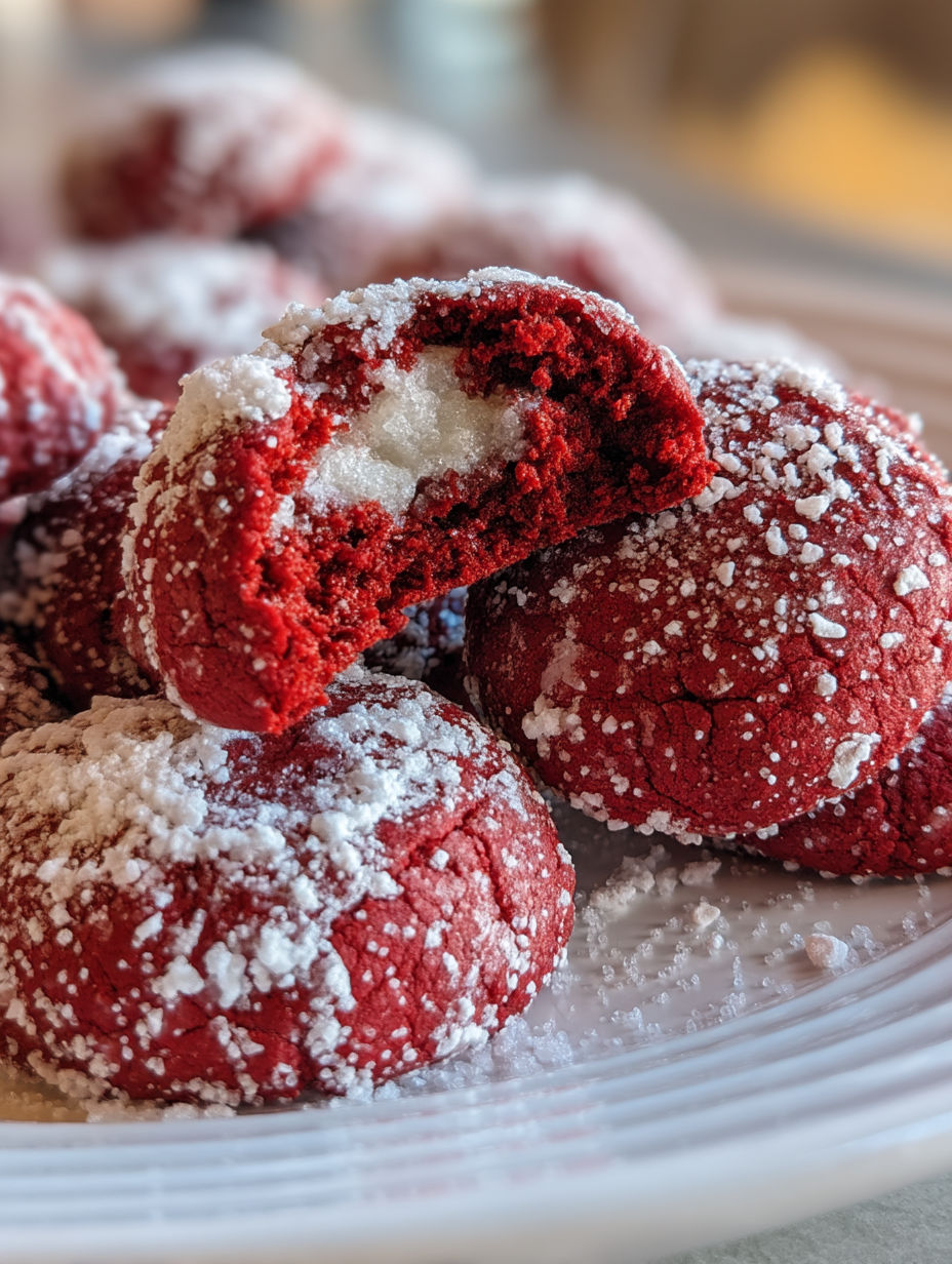 Red velvet cookies with white sugar.