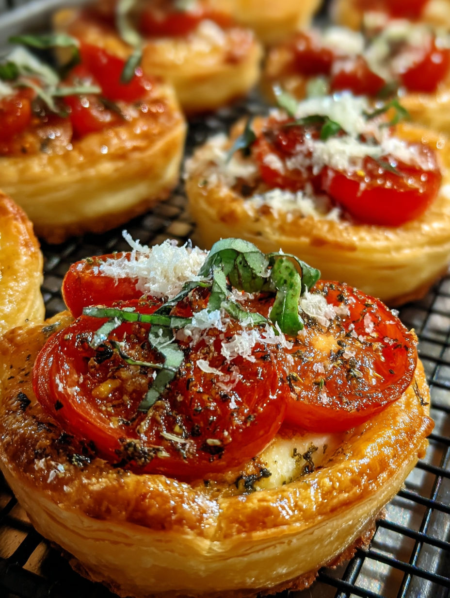 A pastry with tomatoes and cheese on top.