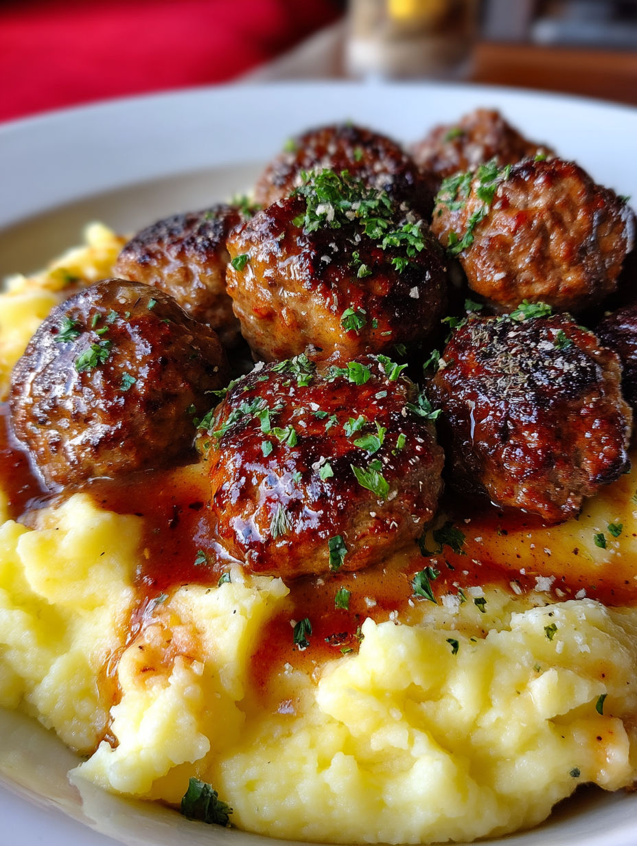 A plate of food with meatballs and potatoes.