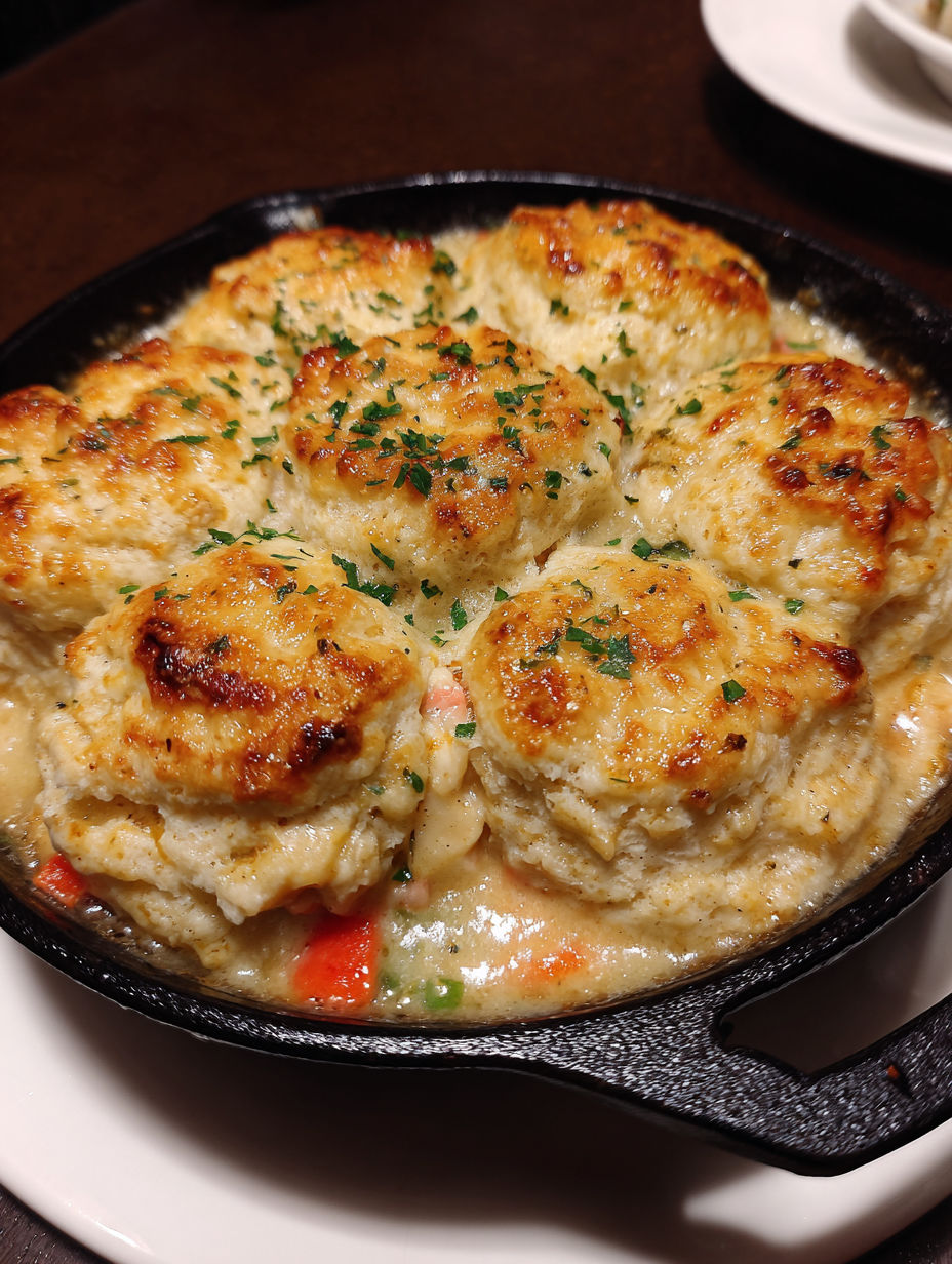 A dish of biscuits and chicken pot pie.