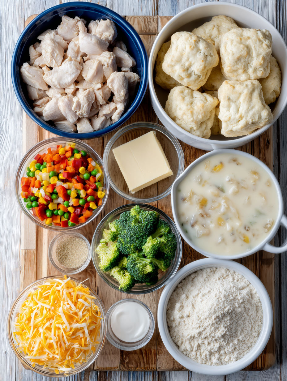 A table with various ingredients for a Red Lobster Biscuit Chicken Pot Pie Recipe.