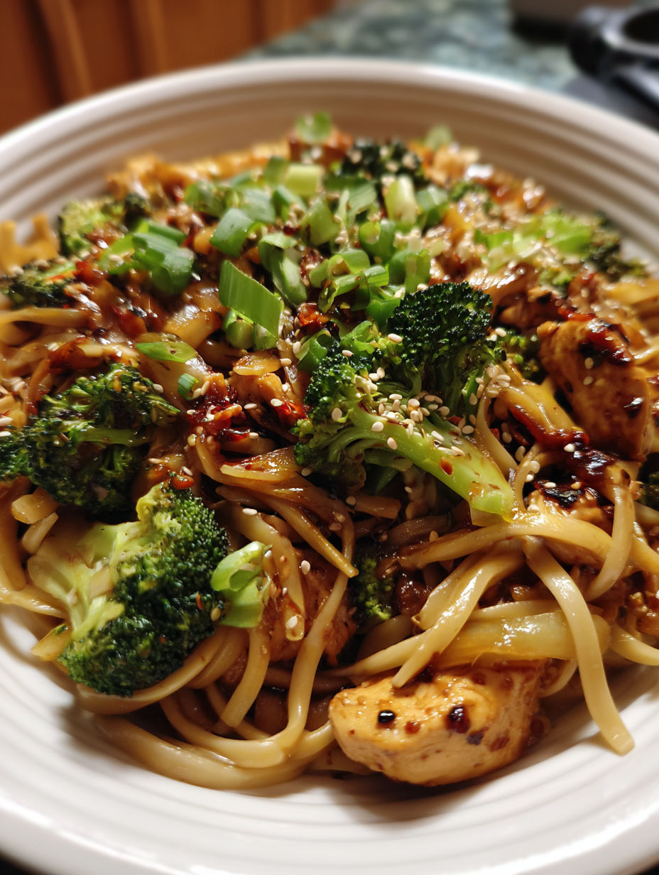 A delicious meal of spicy garlic chicken and broccoli noodle bowls.