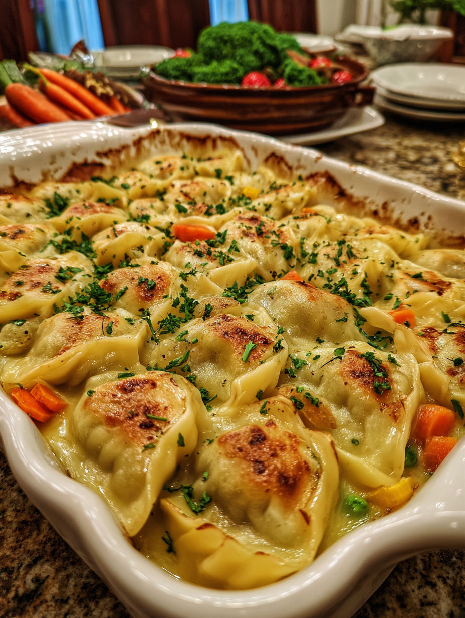A dish of food with a caption that reads "Viral One Pan Dumplings".