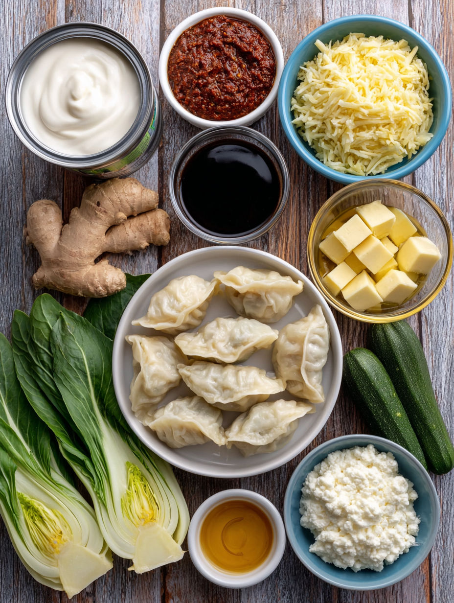 A table with various foods including dumplings, butter, and sauce.