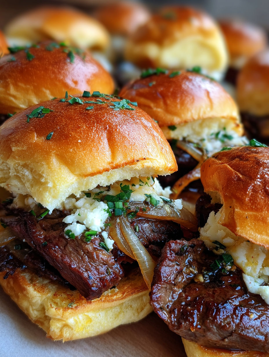 A plate of cowboy steak sliders with onions.
