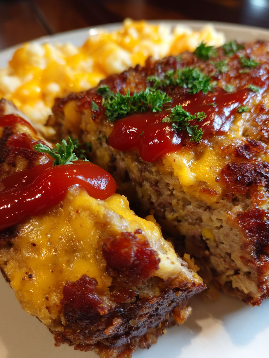 A piece of meatloaf with ketchup on it.