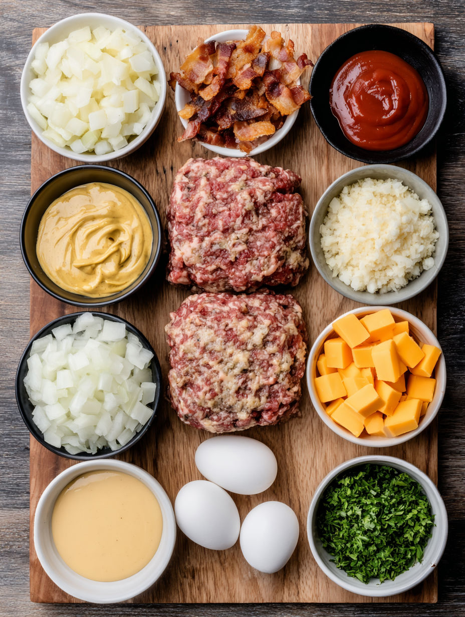 A variety of ingredients for a cheeseburger and meatloaf recipe.