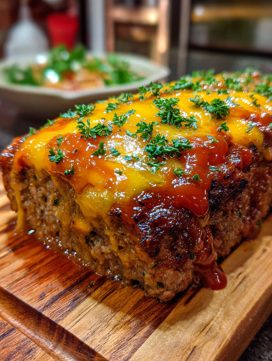 A cheeseburger with meatloaf on a wooden cutting board.