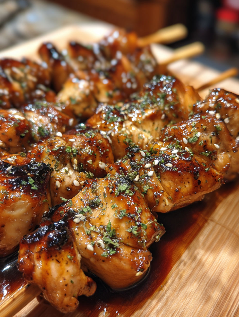 A plate of chicken skewers with a sauce.