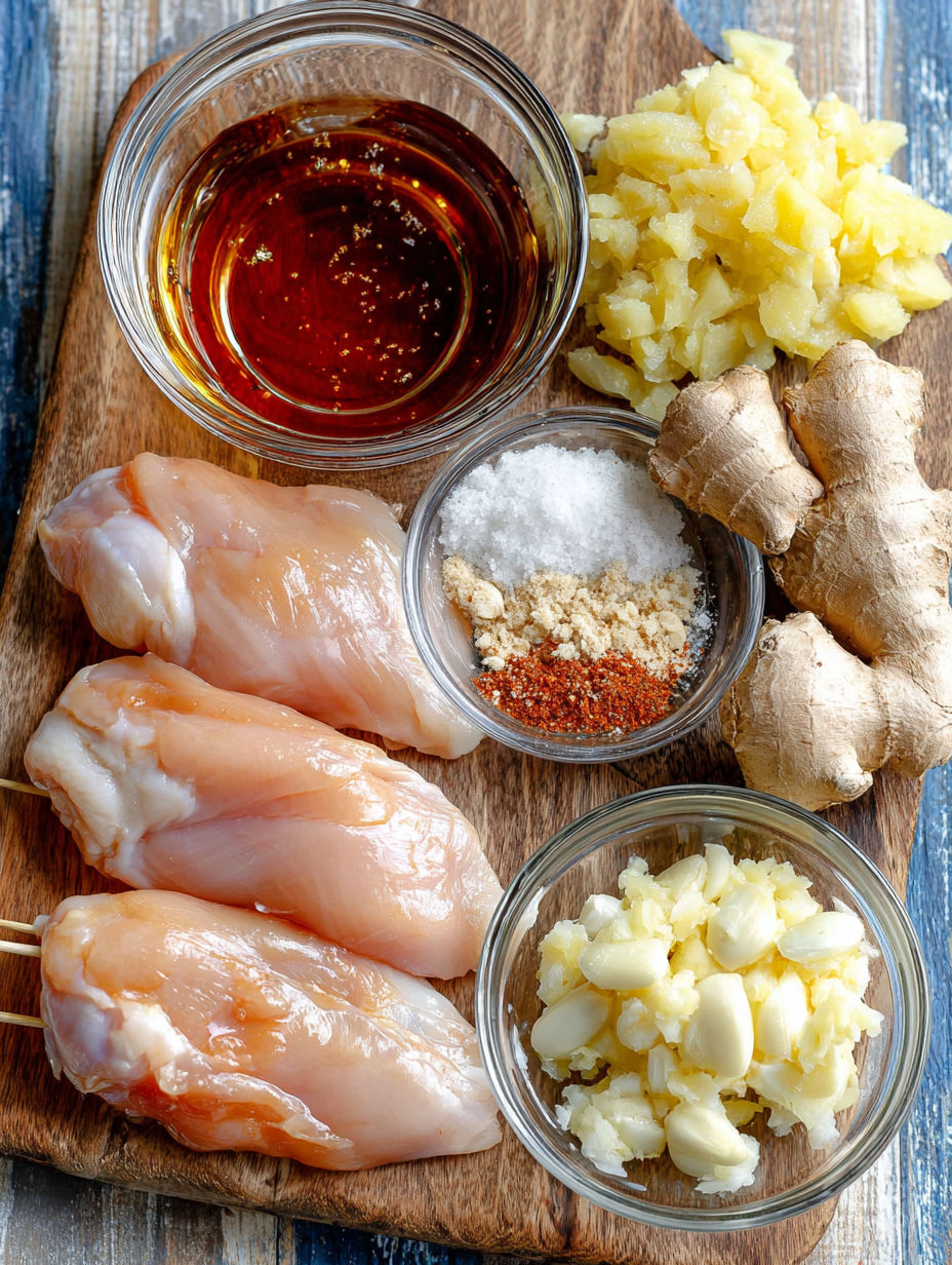 A wooden cutting board with various ingredients for cooking.
