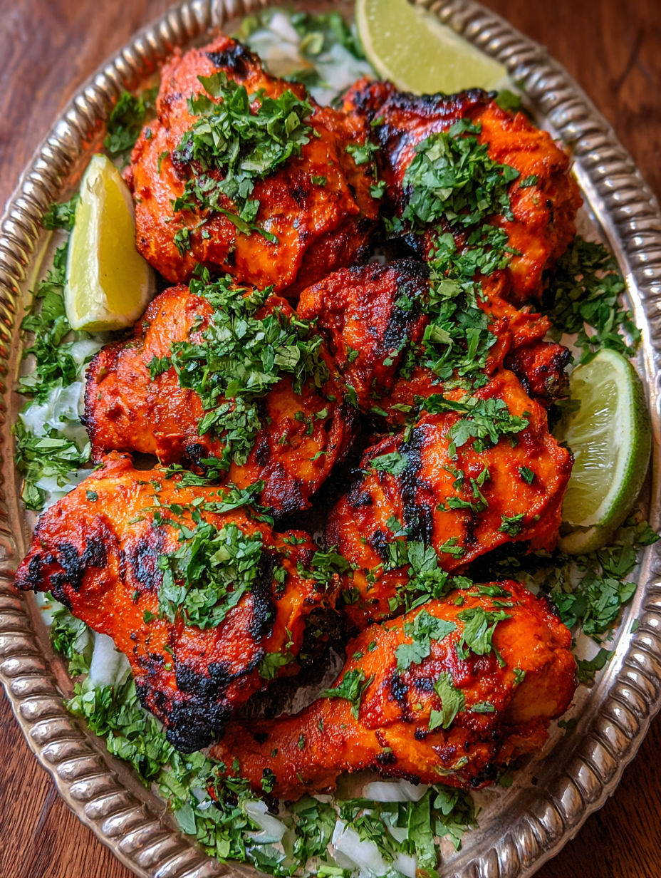 A plate of tandoori chicken with lime wedges.