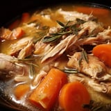 A bowl of homemade bone broth with chicken and carrots.
