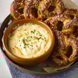 A bowl of cheese dip with pretzel sticks.